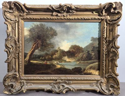 un vieux tableau représentant un paysage avec une rivière au premier plan et des arbres à l'arrière-plan