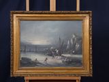 tableau sur chevalet représentant des personnes sur une plage