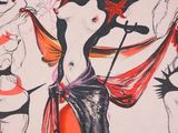 drawing of a woman in a red and black dress with a hat and a sword
