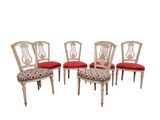 set of four french painted dining chairs with red upholstered cushions