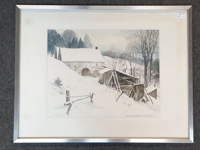 tableau représentant une ferme sous la neige, avec un traîneau au premier plan