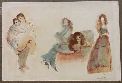 three watercolors of a woman playing a guitar and a man sitting on a couch