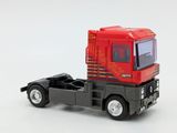 a toy truck that is red and black on the white background