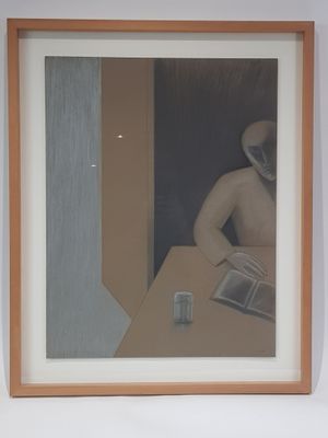 painting of a man sitting at a table with a book and a glass of water