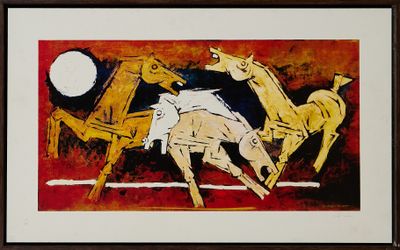 Maqbool Fida Husain (1915-2011)* Chevaux Offset sur papier s… - Photo 1
