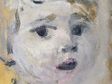 an image of a painting of a child ' s face on a yellow background