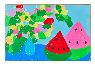 un tableau représentant des pastèques et des fleurs dans un vase