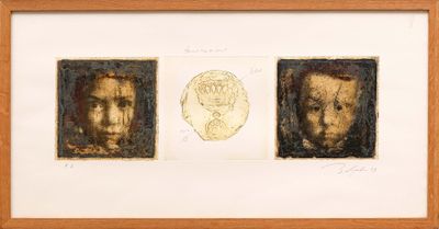 three framed images of a man ' s face and a woman ' s face