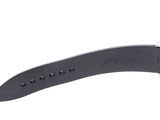 a close up of a knife with a black handle on a white background