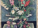 tableau représentant un vase de fleurs posé sur une table recouverte d'une nappe