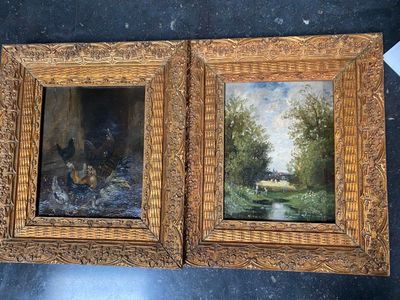 two framed paintings of a river scene with ducks and ducks