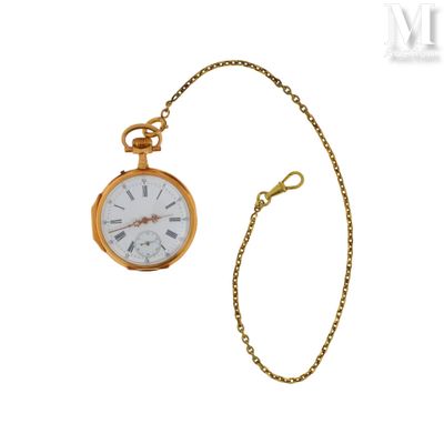 une image représentant une montre de poche en or avec une chaîne, sur fond blanc