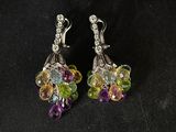 a pair of earrings with multi colored stones on them