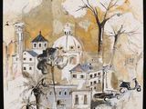 an image of a painting of a city with a horse and carriage
