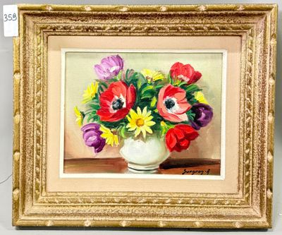 a painting of flowers in a white vase on a table
