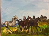 a painting of a group of horses running in a field