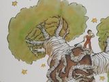 a drawing of a man riding on a tree
