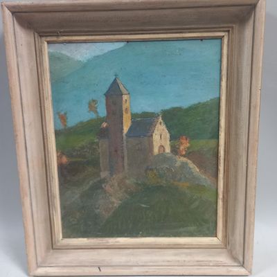 an oil painting of a castle on a hill with a blue sky in the background