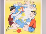 an old french children ' s travel poster with a map of the world