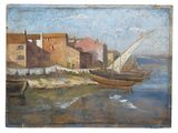 l'image d'une peinture représentant un bateau dans un plan d'eau