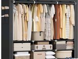 une photo d'un placard contenant des vêtements et des cartons