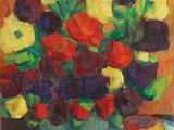 un tableau représentant un vase avec des fleurs et des pommes posé sur une table