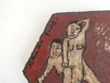 une photo d'un tableau représentant un homme et un enfant assis sur un rocher