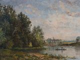 a painting of a river with a boat on it