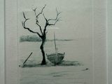 dessin représentant un bateau sur un plan d'eau, avec un arbre en arrière-plan