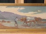 a picture of a painting of a man with horses by the water