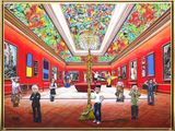 painting of people in a museum with paintings on the walls