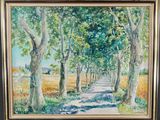 une peinture à l'huile représentant un chemin traversant un champ bordé d'arbres
