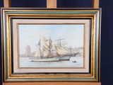 a picture of a painting of a boat in a body of water