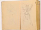 an old book with a drawing of a woman holding a kite