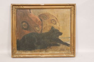 painting of a black cat laying on the ground in front of a painting of a woman
