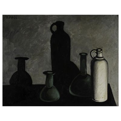 un tableau représentant des vases et une bouteille posés sur une table