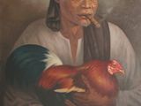 tableau représentant un homme tenant un coq et fumant une cigarette