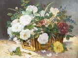 a painting of flowers in a wooden basket on a table