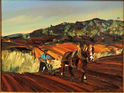 a painting of a man plowing a field with two horses