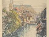 tableau représentant une rivière traversant une ville, avec une église en arrière-plan