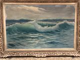 painting of a painting of a wave in the ocean with a sky background