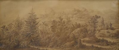 tableau représentant un paysage de montagne avec des arbres et une rivière au premier plan