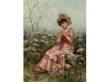 un tableau représentant une femme assise dans un champ de fleurs
