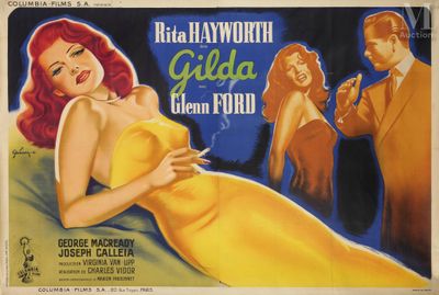 une vieille affiche de cinéma représentant une femme en robe jaune et un homme en costume