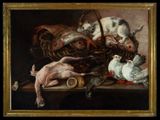 a picture of a painting of cats and chickens on a table