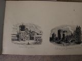 two drawings of a building and a church on the same page