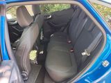 the back seats of a blue car with a dog in the back seat
