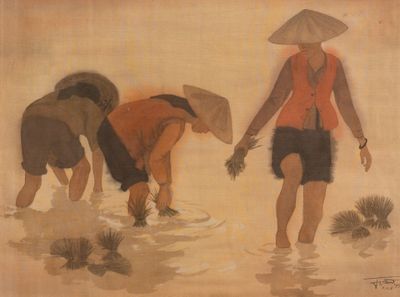 a painting of a woman and two children in the water