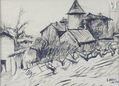dessin représentant un village avec, en arrière-plan, une église et un clocher