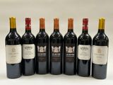 six bouteilles de vin sont alignées sur une surface blanche